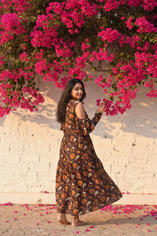 Bagru Hand Block Amber Bloom Maxi Dress