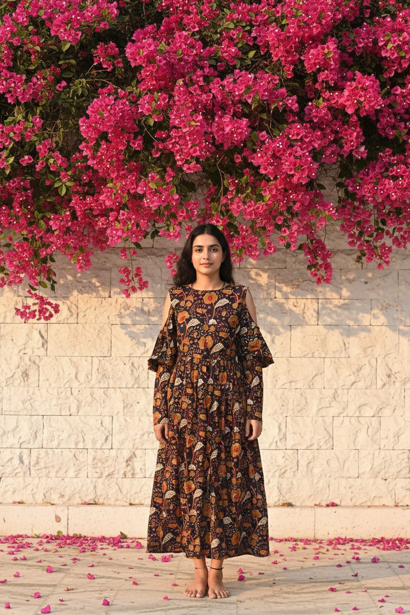 Bagru Hand Block Amber Bloom Maxi Dress