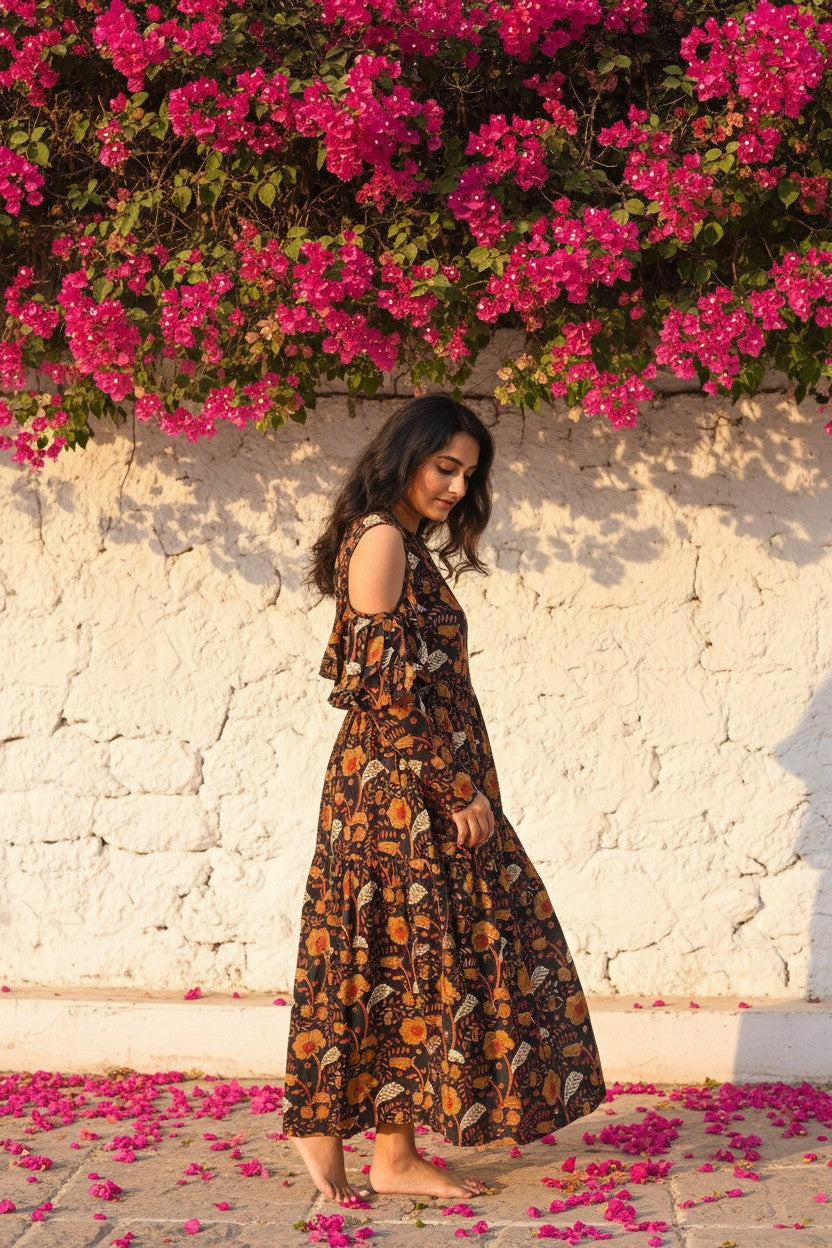 Bagru Hand Block Amber Bloom Maxi Dress