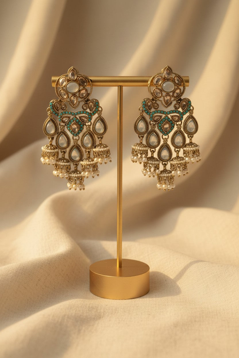 Turquoise Polki Meenakari Chandelier Jhumka Earrings
