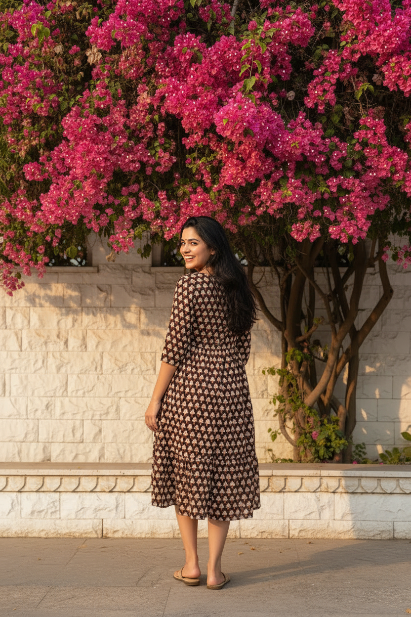 Chocolate Brown Bagru Block Print Midi Dress