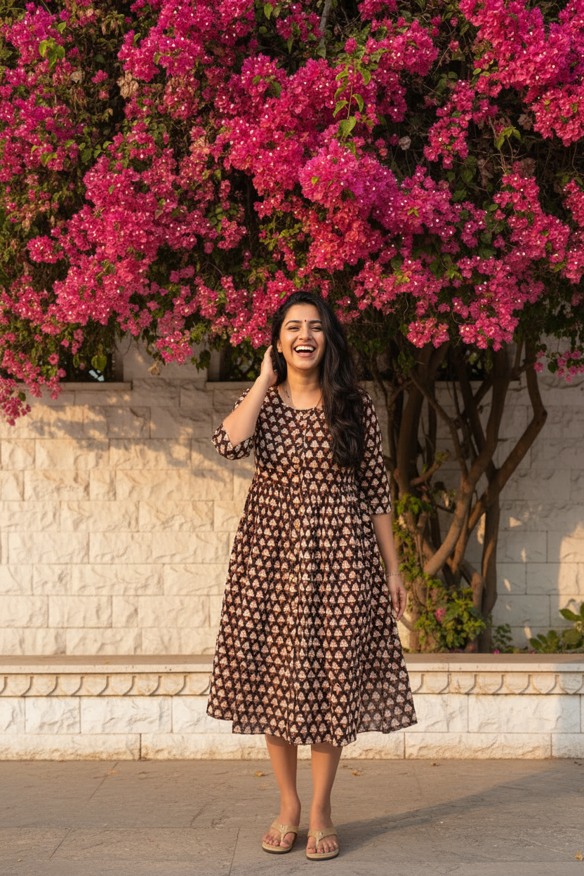 Chocolate Brown Bagru Block Print Midi Dress