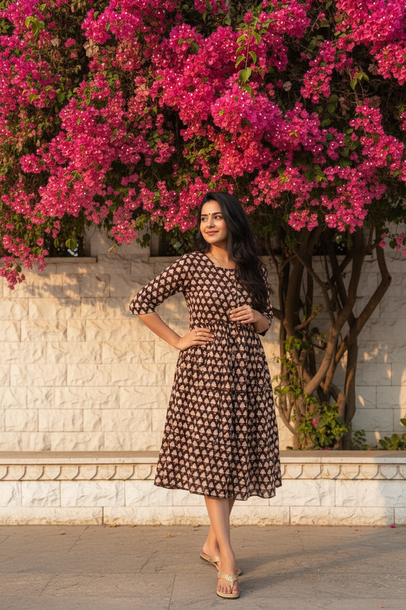 Chocolate Brown Bagru Block Print Midi Dress