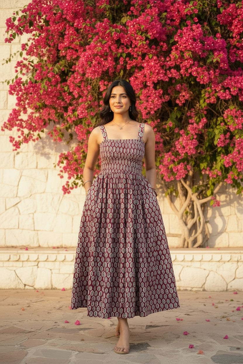Sanganeri Hand Block-Print Cotton Maxi Dress