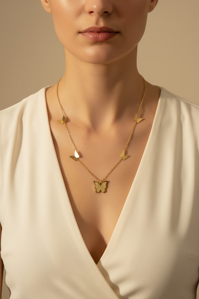 Gold Butterfly Cascade Pendant Necklace