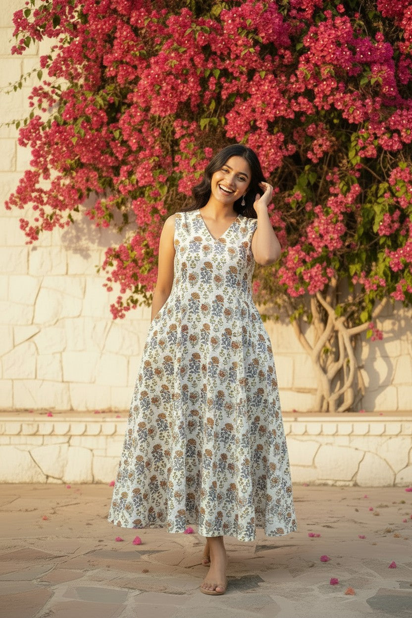 Ivory Marigold Block Print Maxi Dress
