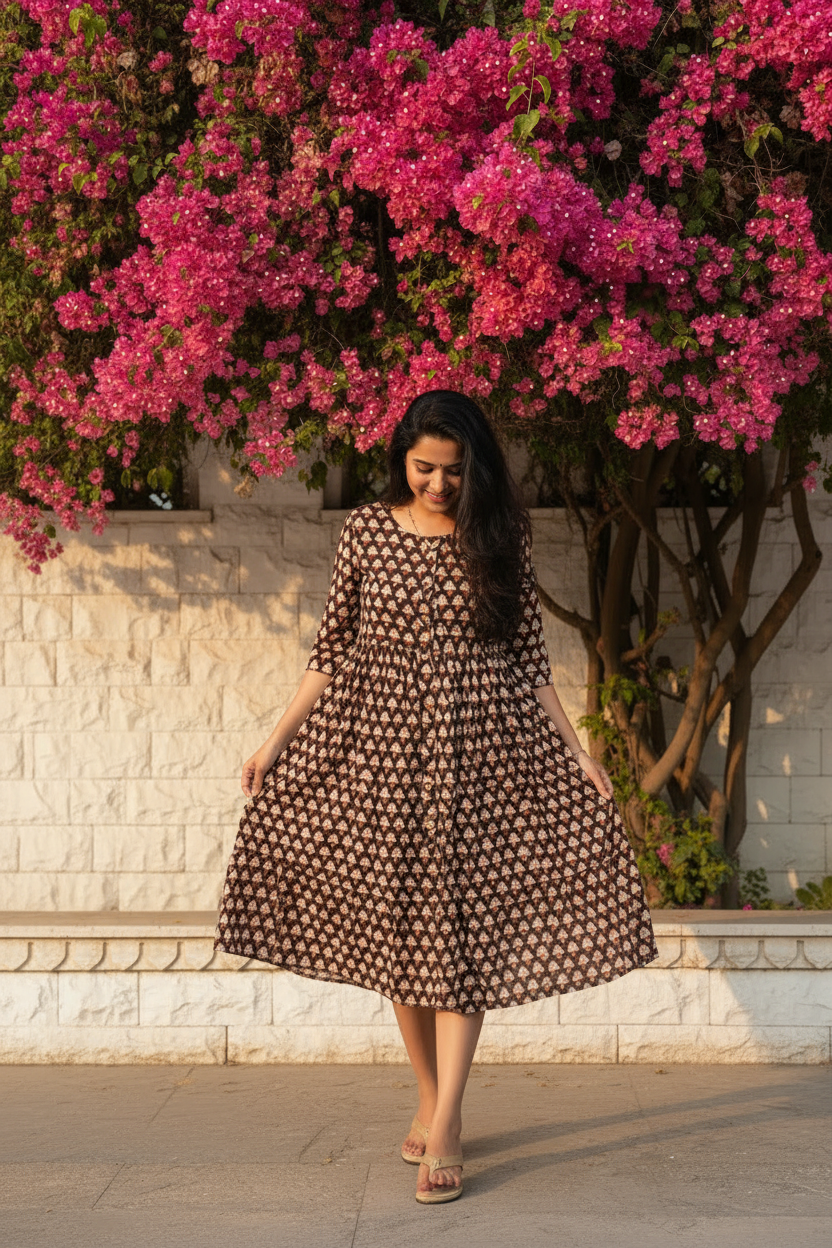Chocolate Brown Bagru Block Print Midi Dress