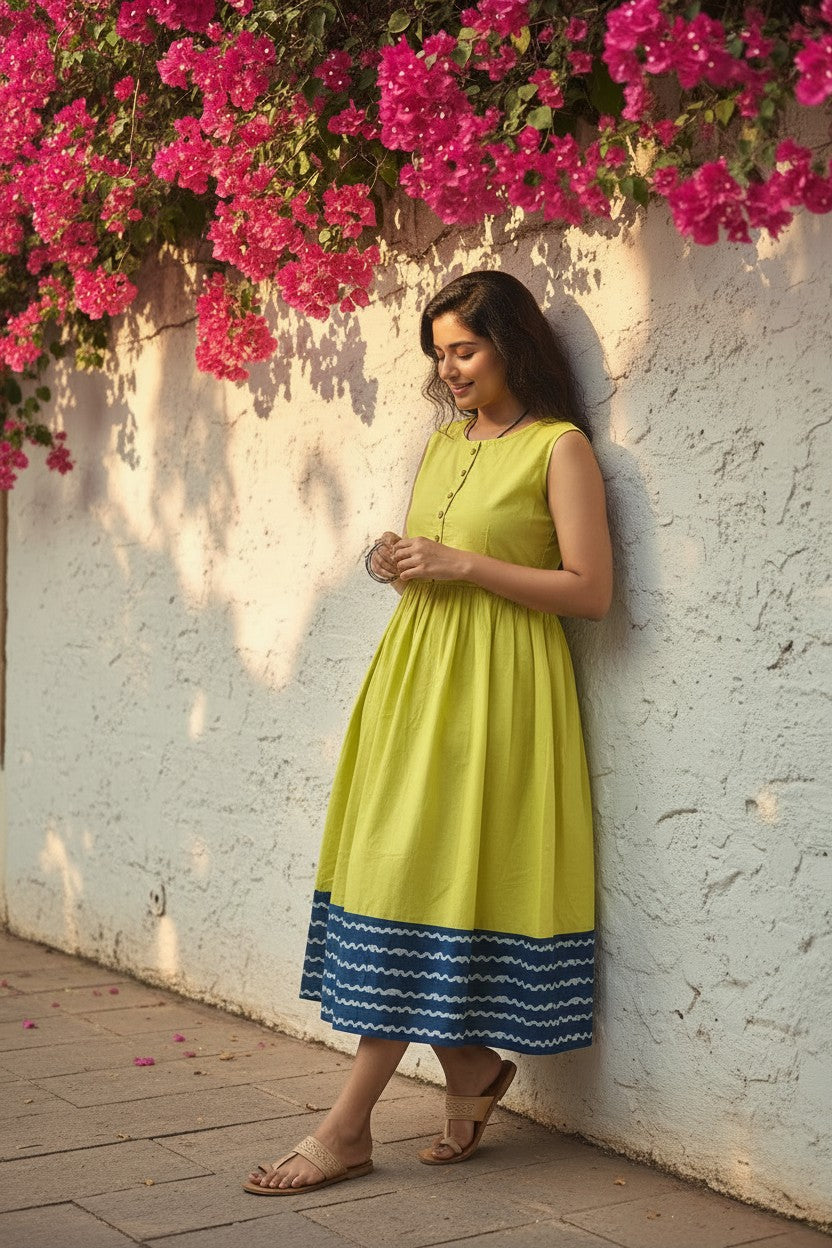 Lime Sunshine Bagru Block Print Midi Dress