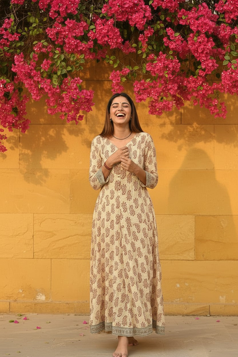 Ivory Sanganer Block Print Paisley Anarkali Maxi Dress
