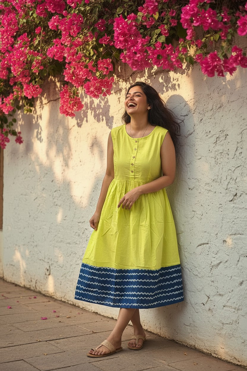 Lime Sunshine Bagru Block Print Midi Dress