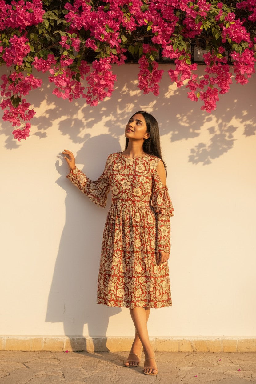 Bagru Bloom Cold-Shoulder Midi Dress