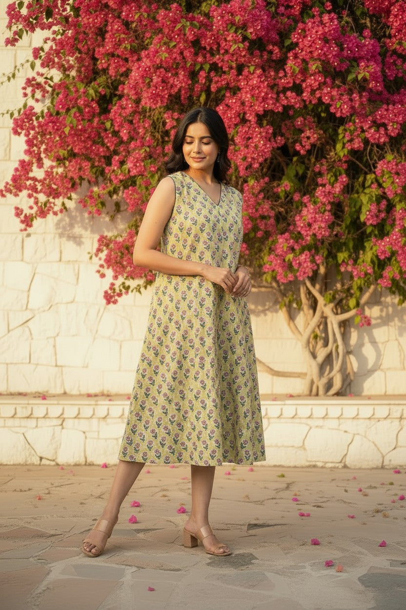 Sage Garden Block-Print Midi Dress