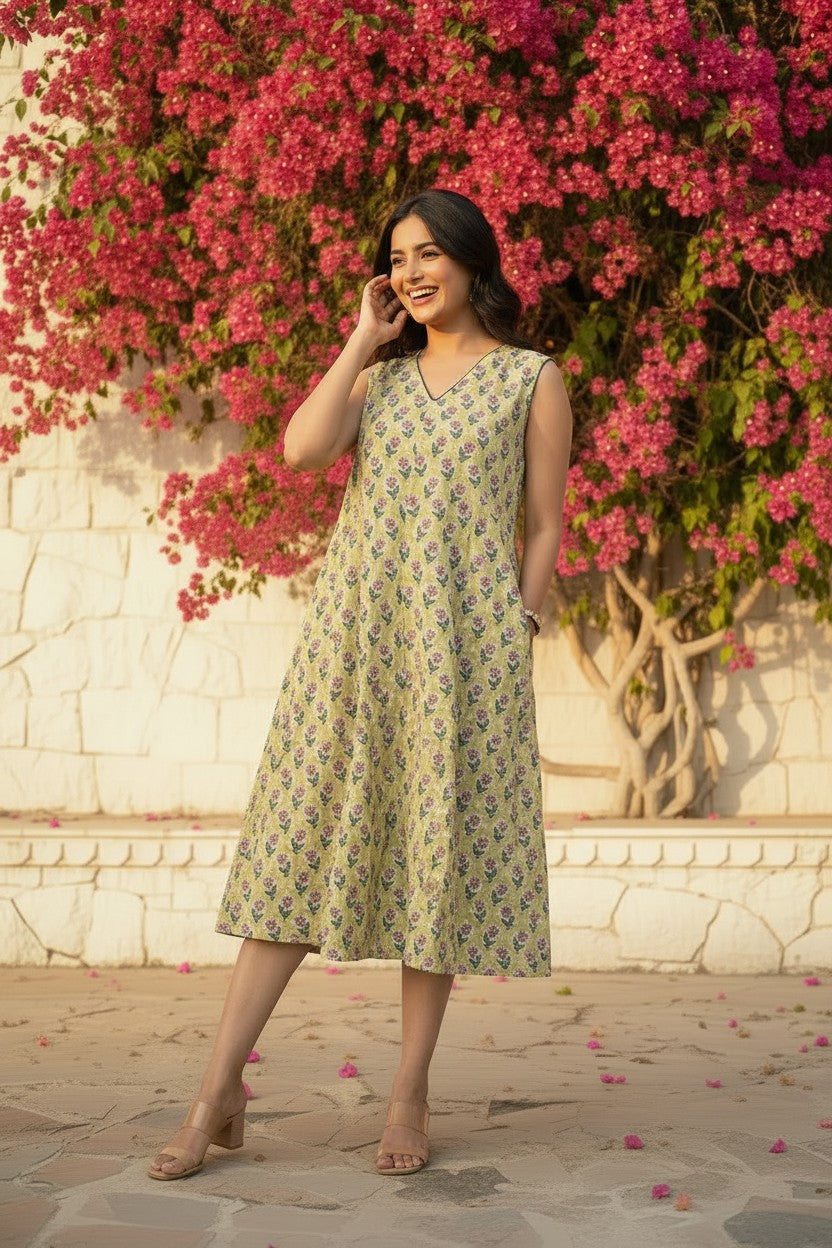Sage Garden Block-Print Midi Dress