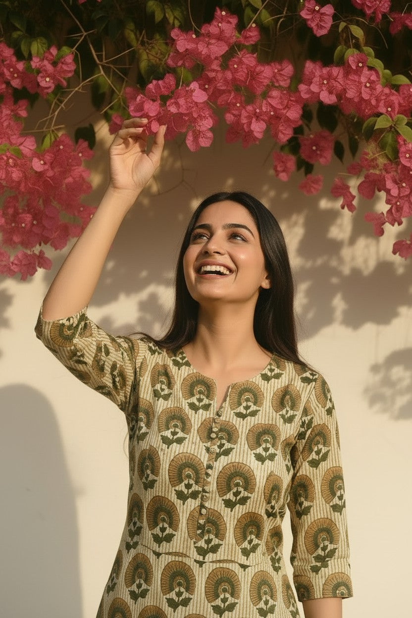 Peacock Medallion Bagru Block-Print Cotton Kurti