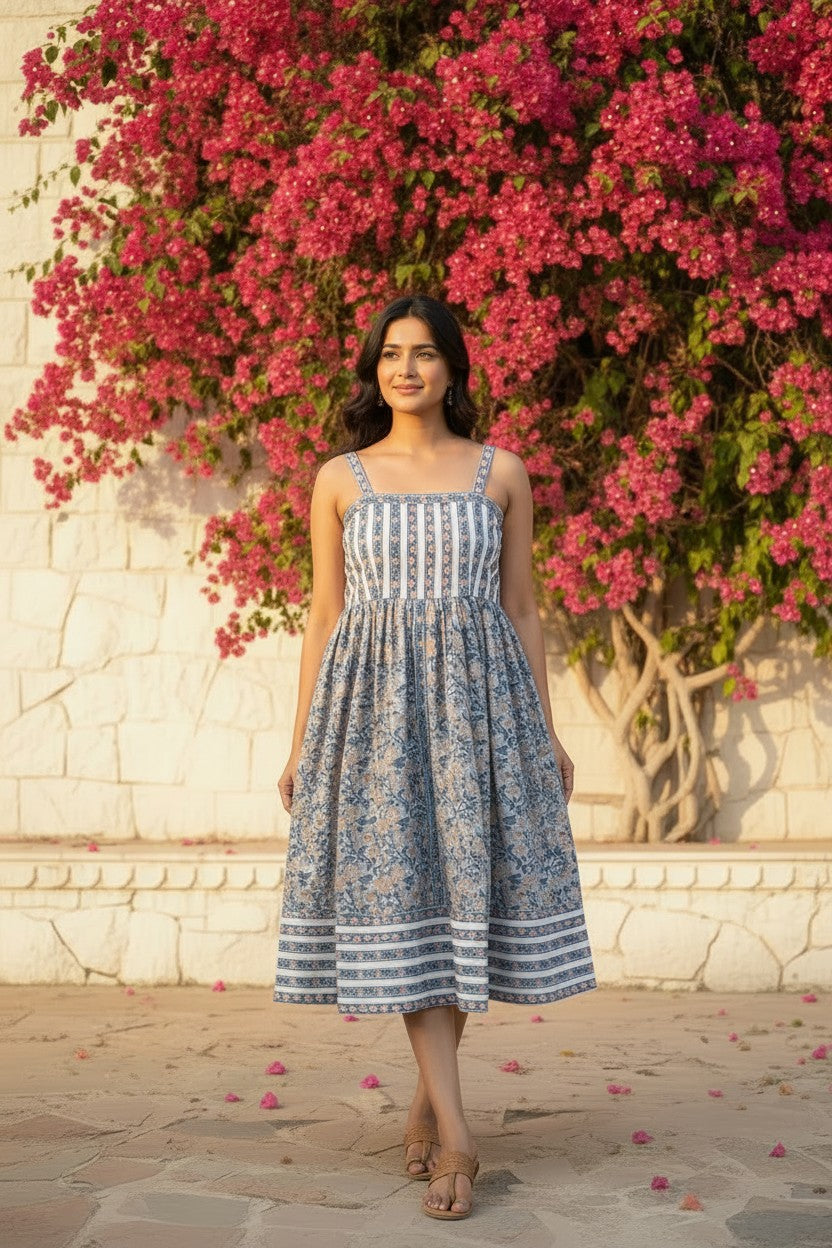 Blue Floral Block-Print Smocked Midi Sundress