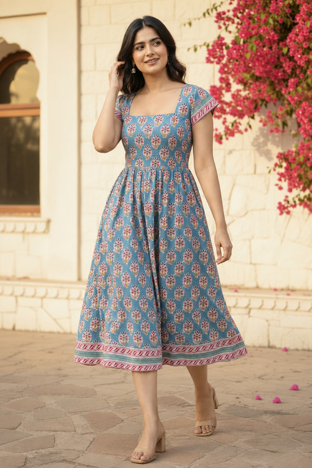 Gulbahar Teal Floral Midi Dress