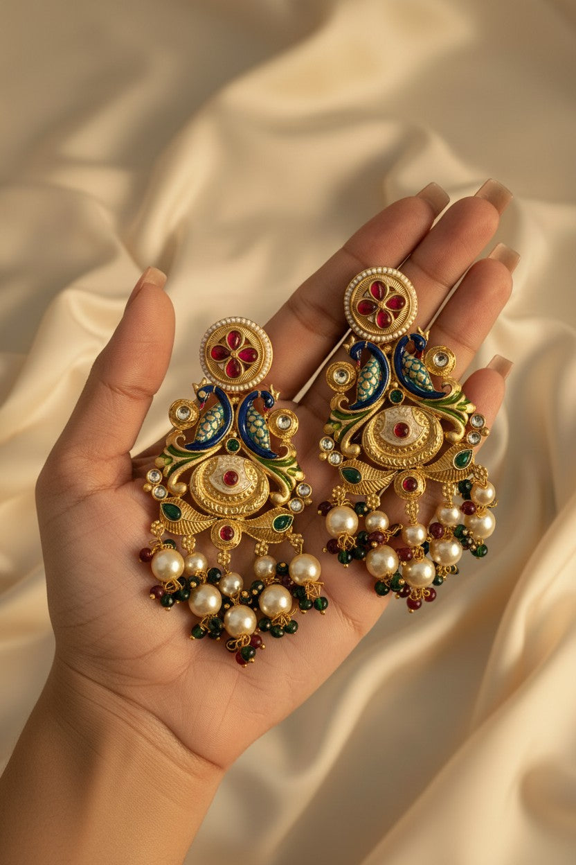 Royal Peacock Meenakari Chandbali Earrings