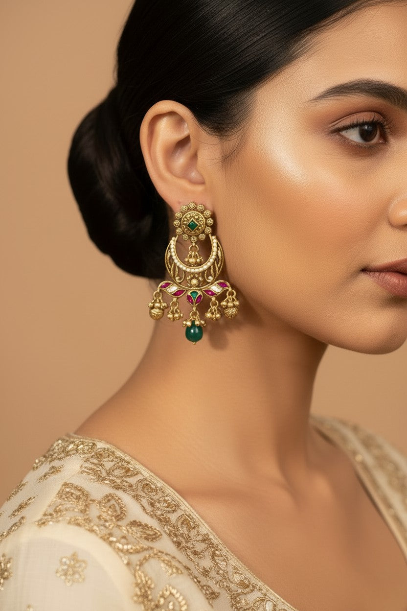 Gold Peacock Chandbali Meenakari Earrings