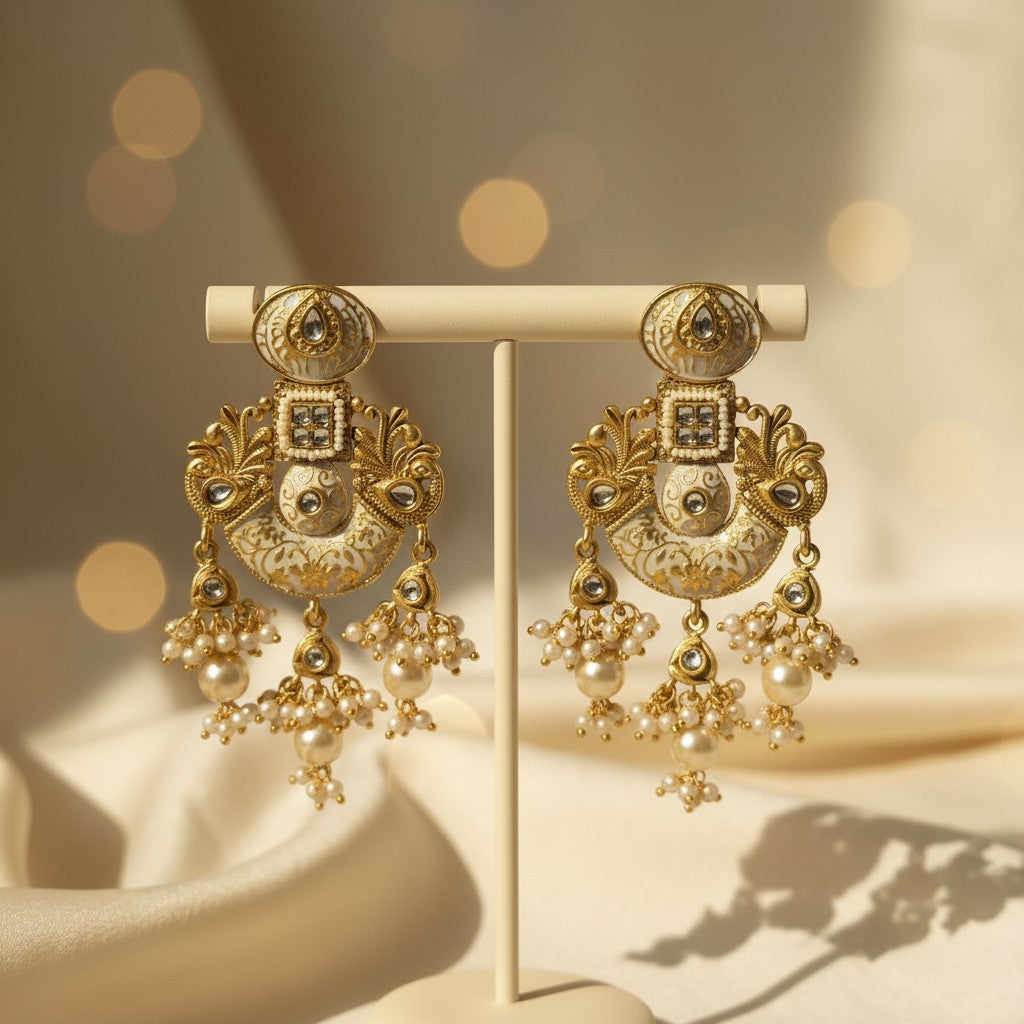 Ivory Enamel Polki Chandbali Earrings
