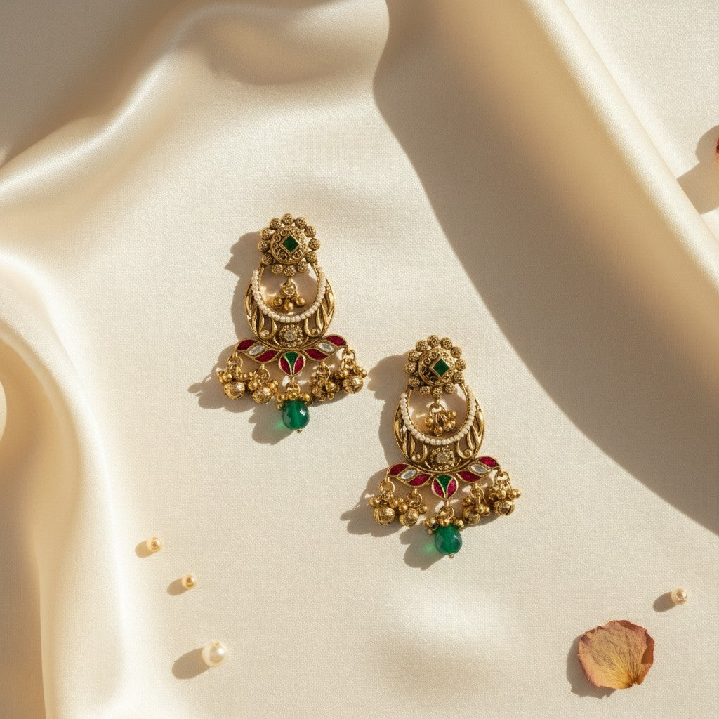 Gold Peacock Chandbali Meenakari Earrings