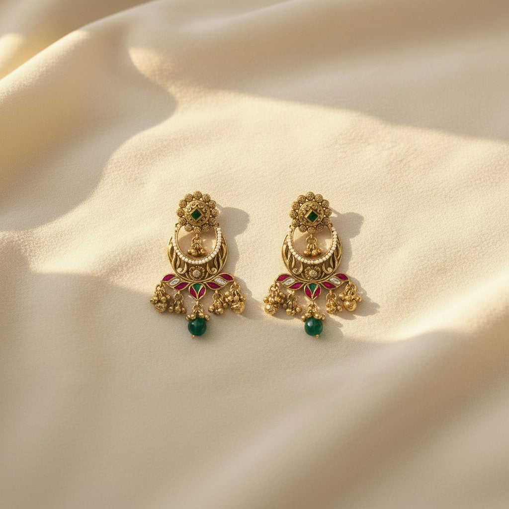 Gold Peacock Chandbali Meenakari Earrings