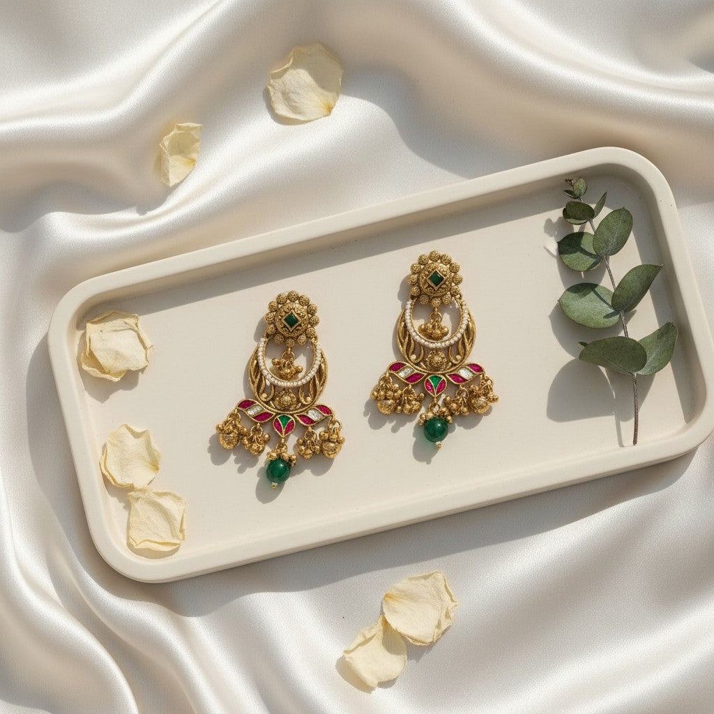 Gold Peacock Chandbali Meenakari Earrings