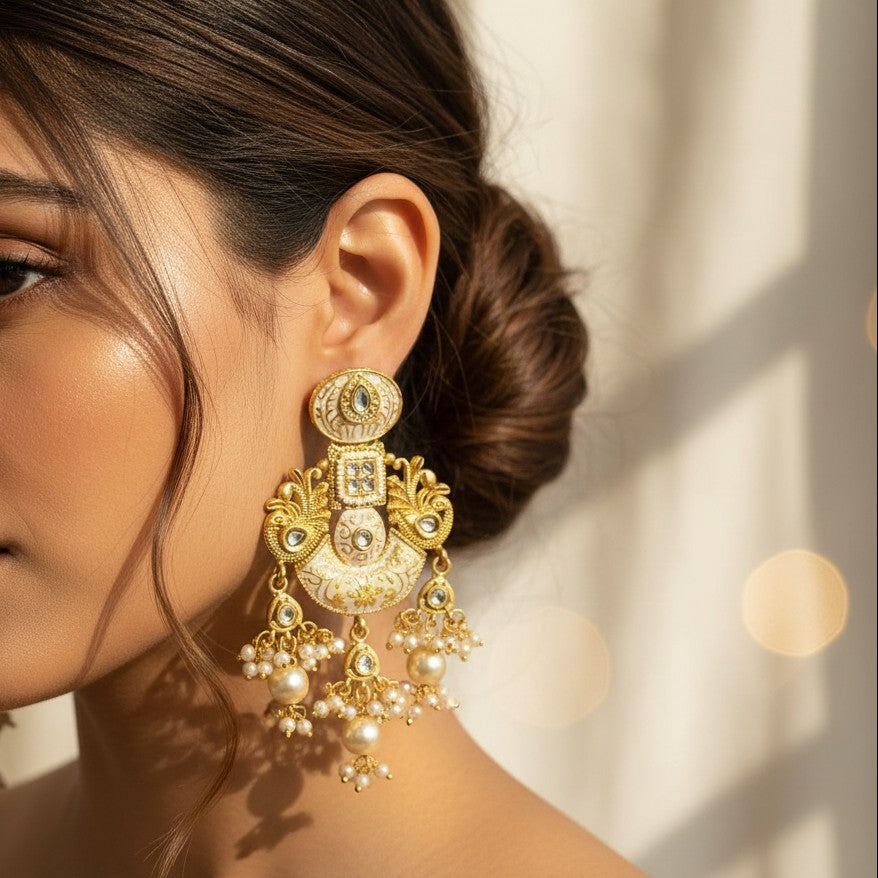 Ivory Enamel Polki Chandbali Earrings