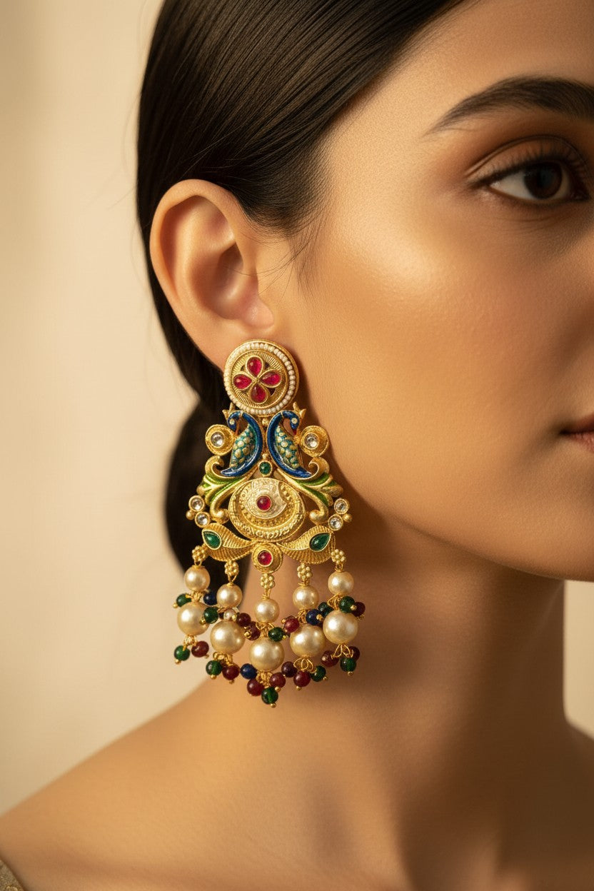 Royal Peacock Meenakari Chandbali Earrings