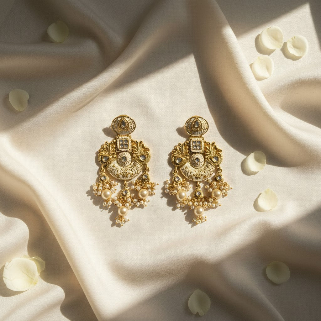 Ivory Enamel Polki Chandbali Earrings