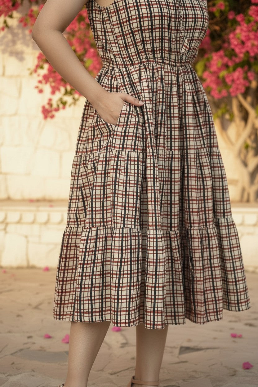 Checks & Charm Block Print Cotton Midi Dress