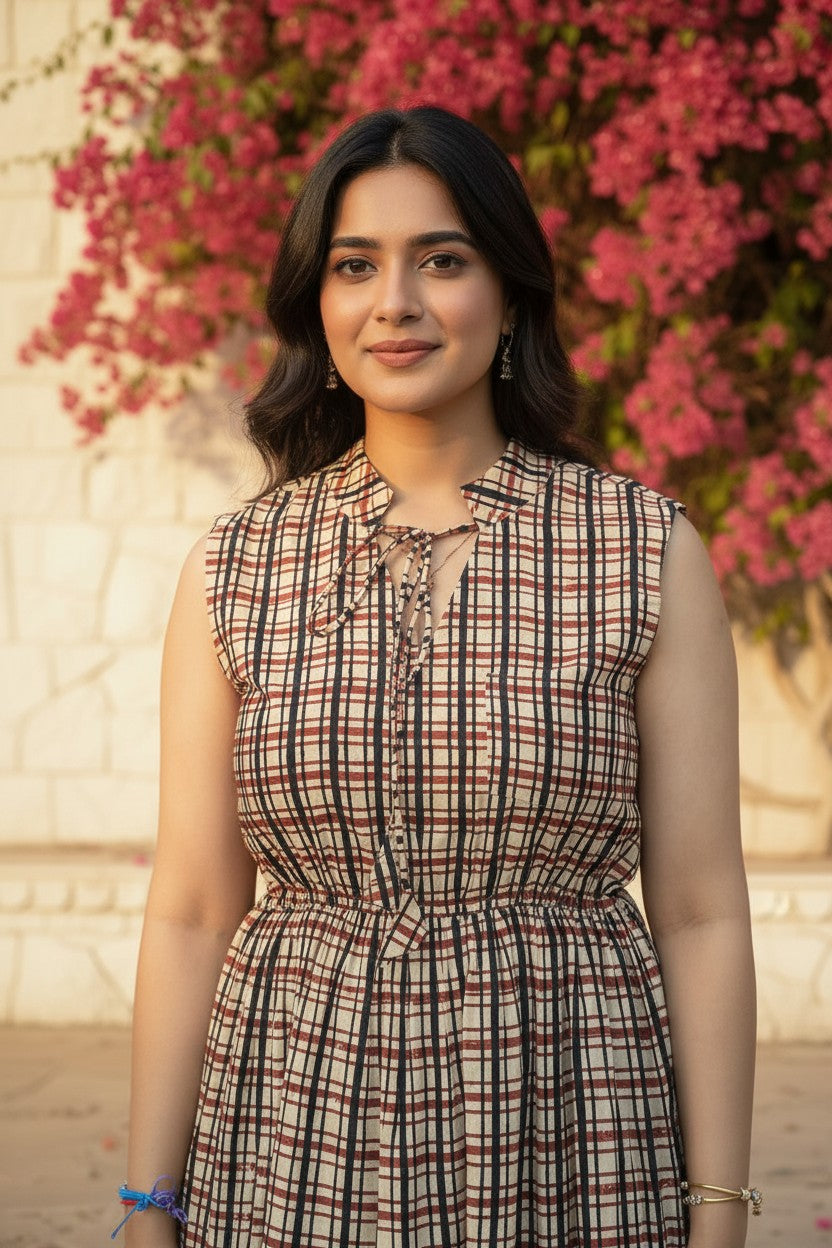 Checks & Charm Block Print Cotton Midi Dress