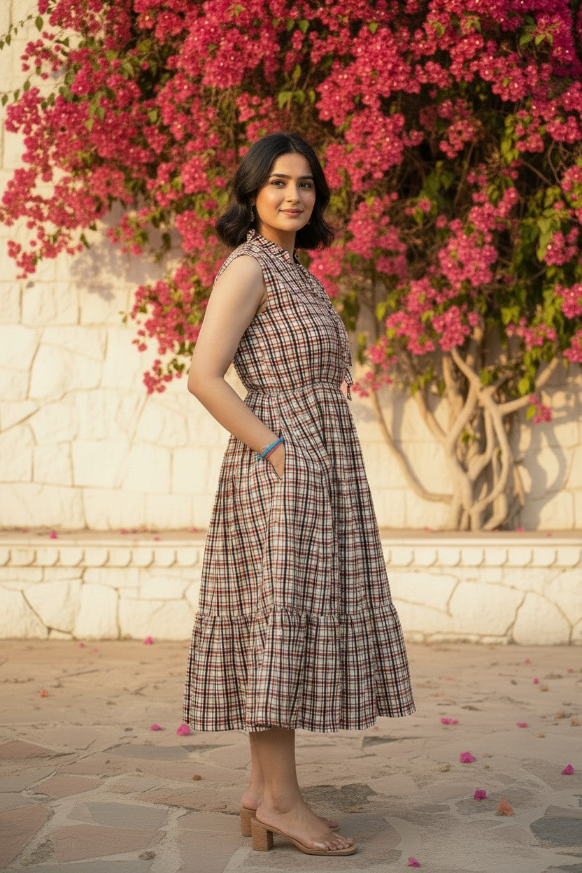 Checks & Charm Block Print Cotton Midi Dress