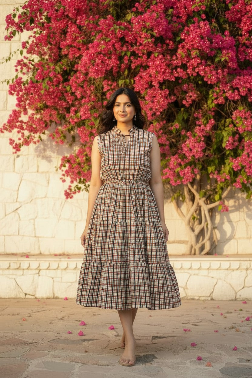 Checks & Charm Block Print Cotton Midi Dress