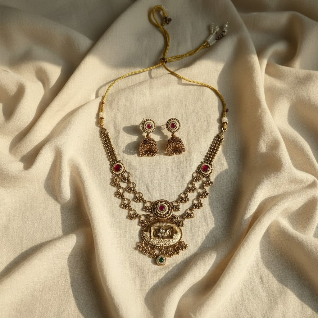 Royal Indian Filigree Necklace & Jhumka Earrings