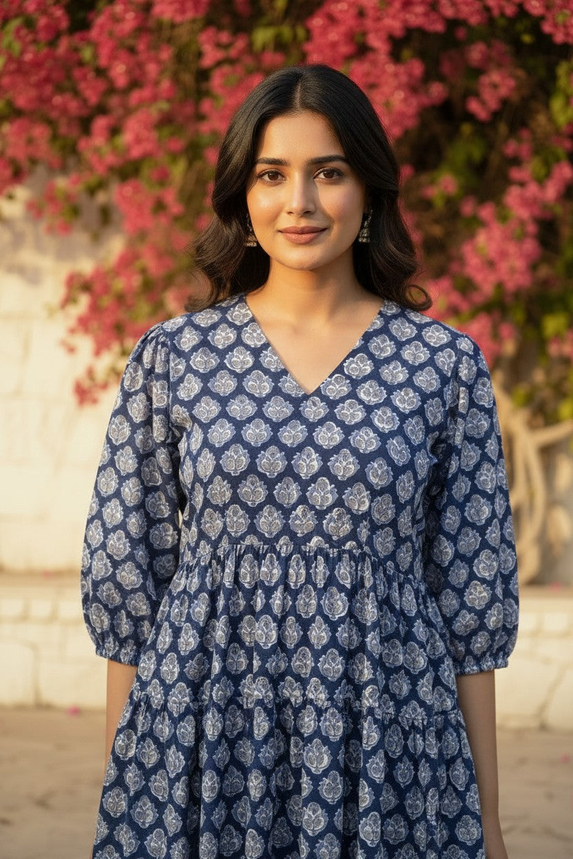 Indigo Bloom Hand Block-Print Tiered Maxi Dress