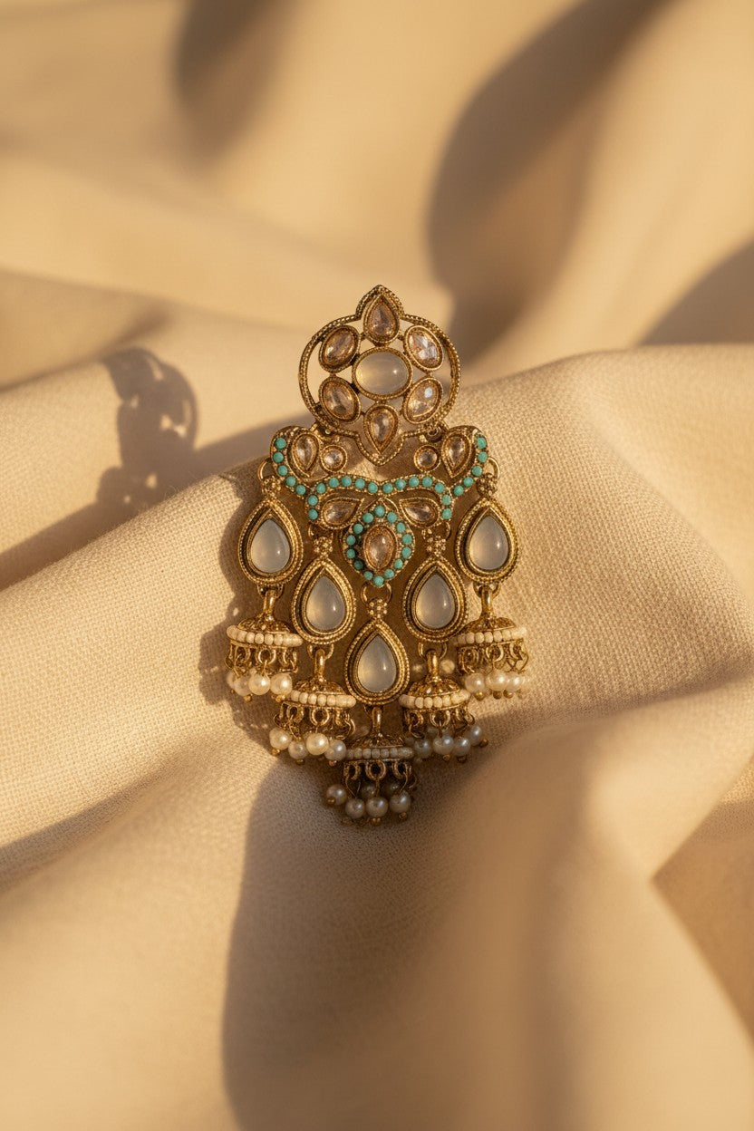 Turquoise Polki Meenakari Chandelier Jhumka Earrings