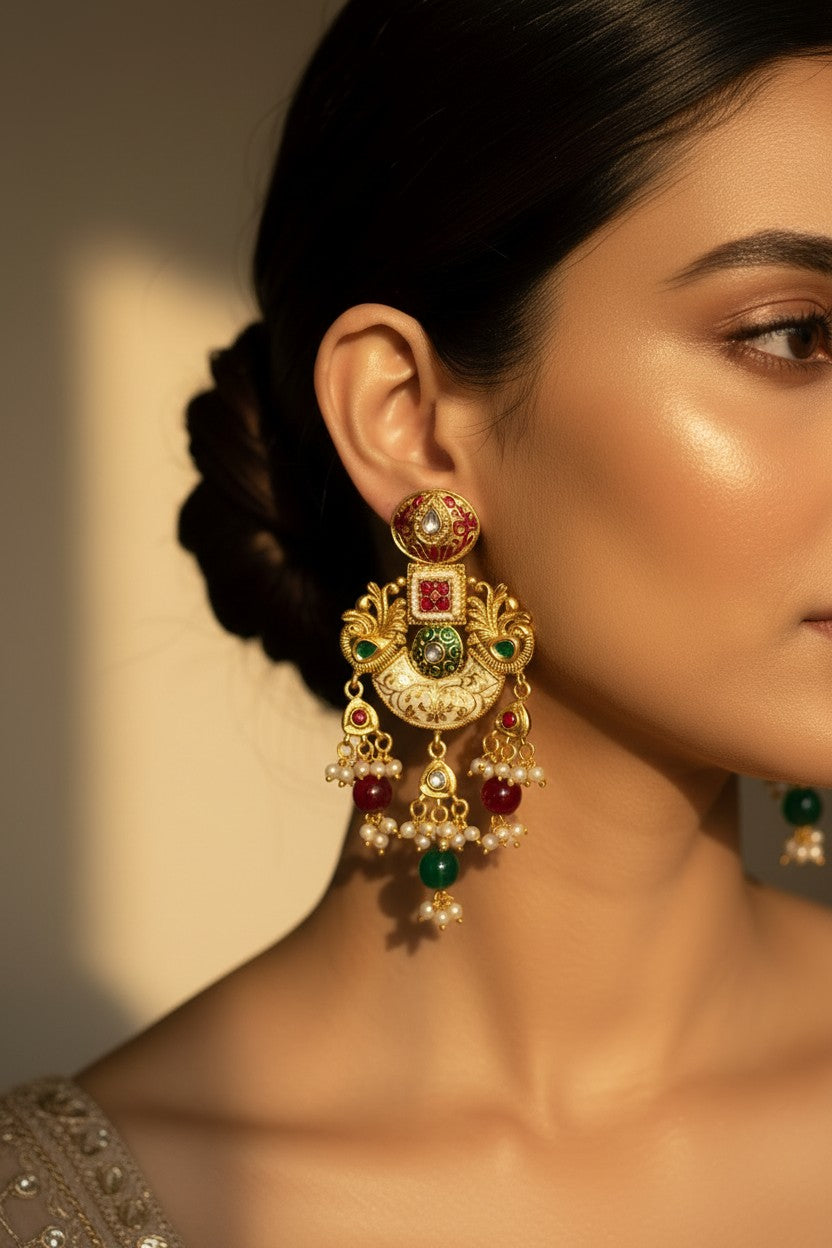 Ruby & Emerald Meenakari Chandbali Earrings