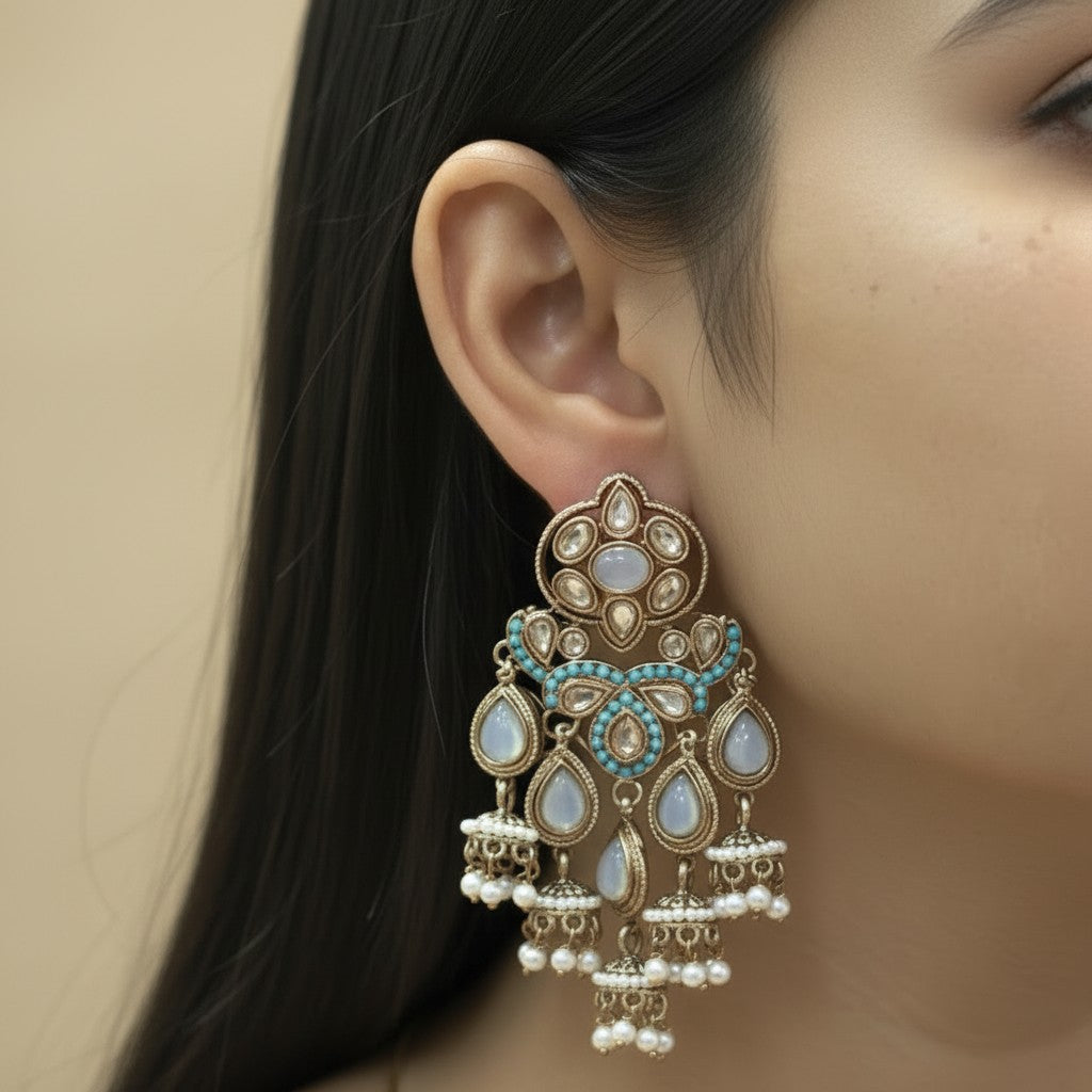 Turquoise Polki Meenakari Chandelier Jhumka Earrings
