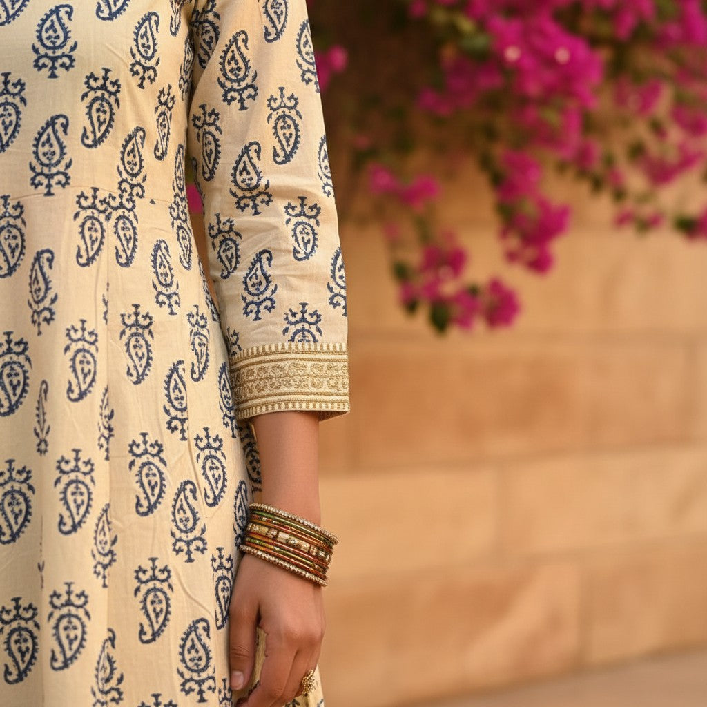 Ivory Sanganer Paisley Anarkali Maxi Dress