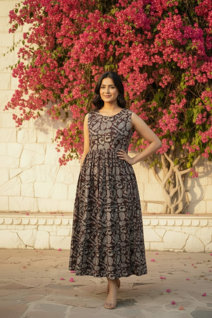 Bagru Brown Kalamkari Maxi Dress