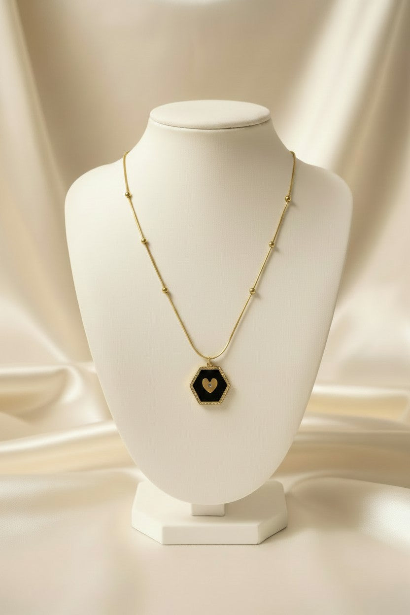 Golden Heart Hexagon Pendant Necklace