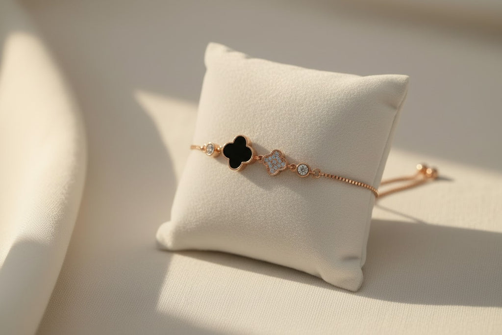 Black Onyx Clover Luck Rose Gold Bracelet