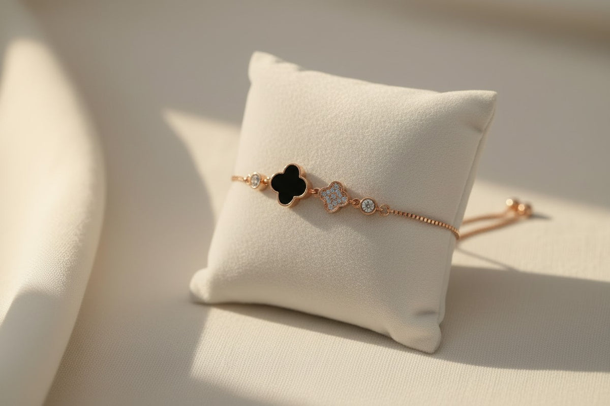Black Onyx Clover Luck Rose Gold Bracelet