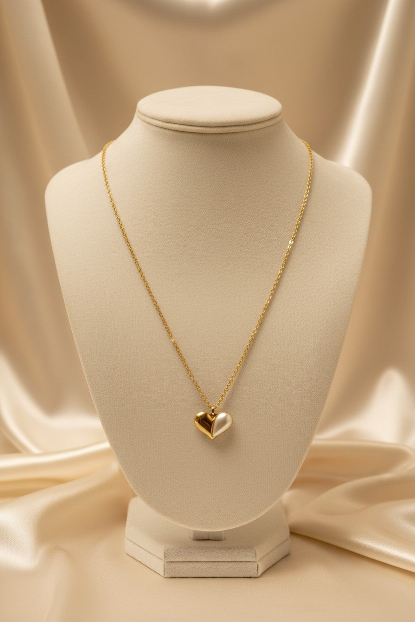 Pearl Accent Puffy Heart Pendant Necklace