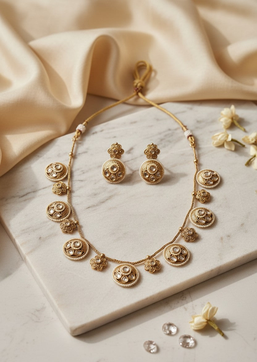 Antique Gold Polki Coin Necklace Set