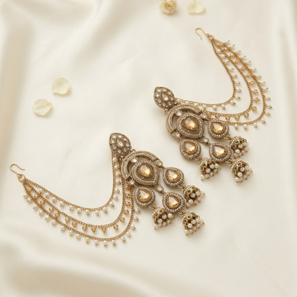 Amber-Toned Teardrop Earrings with Pearl Earchains