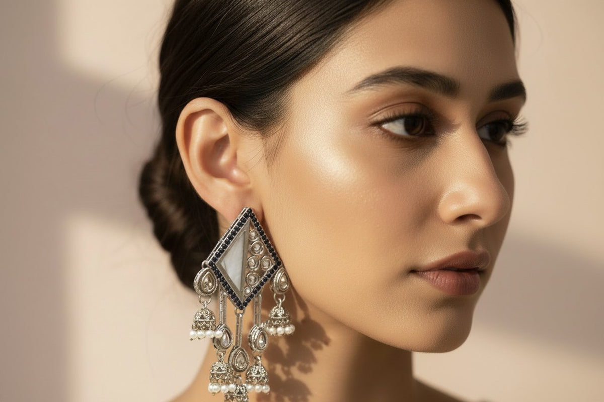 Oxidized Silver Mirror Chandelier Jhumka Earrings