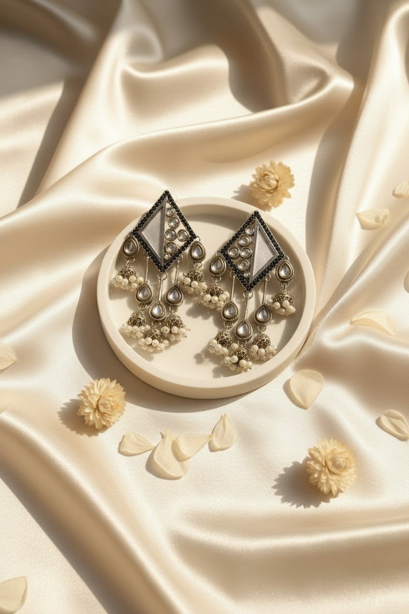 Oxidized Silver Mirror Chandelier Jhumka Earrings
