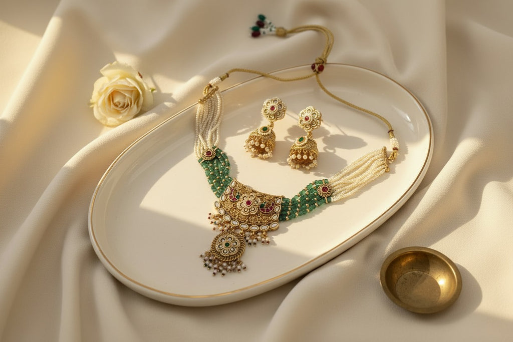 Pearl & Green Bead Multi-Strand Necklace Set