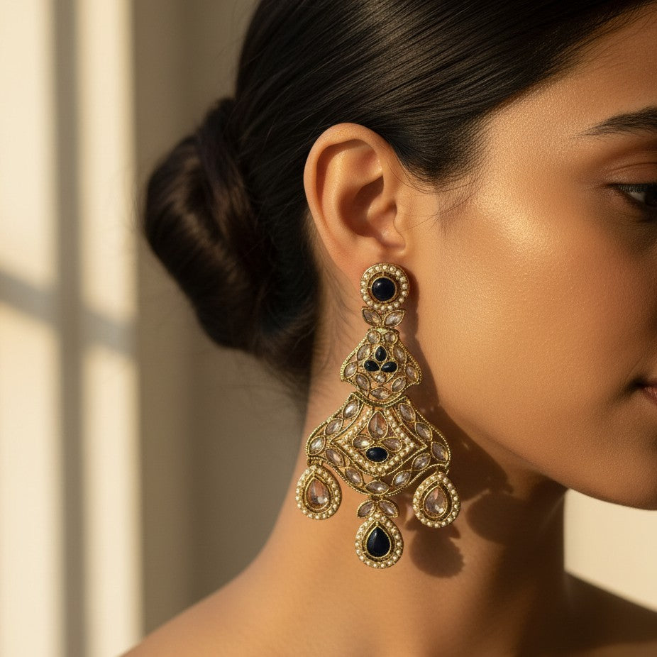 Pearl & Black Kundan Chandbalis Earings